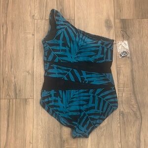 Carmen Marc Valvo Blue and Black One-Shoulder Swimsuit